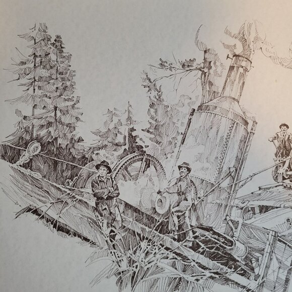 Logging Scene Steam Donkey Print Monochrome Sketch Print Clif Hadfield 1978 - Picture 3 of 5